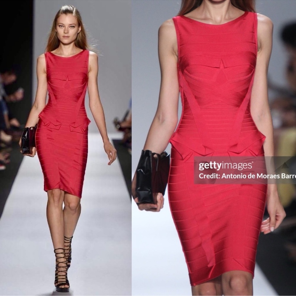 Herve Leger Emmeline Rose Red Origami Bandage Bodycon Cocktail Party Dress